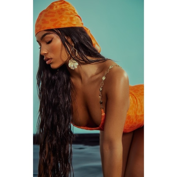 NEW PrettyLittleThing Orange Leopard Print Gold Chain Strap One Piece Size US 24 - Picture 8 of 10